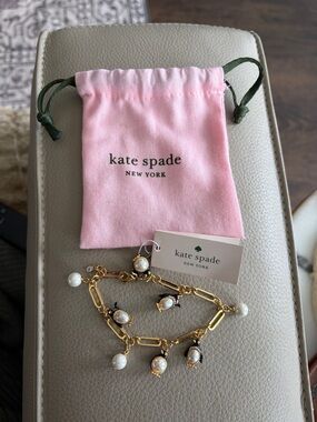 kate spade Gold-tone Pearl Charm Bracelet with Pink Drawstring Pouch